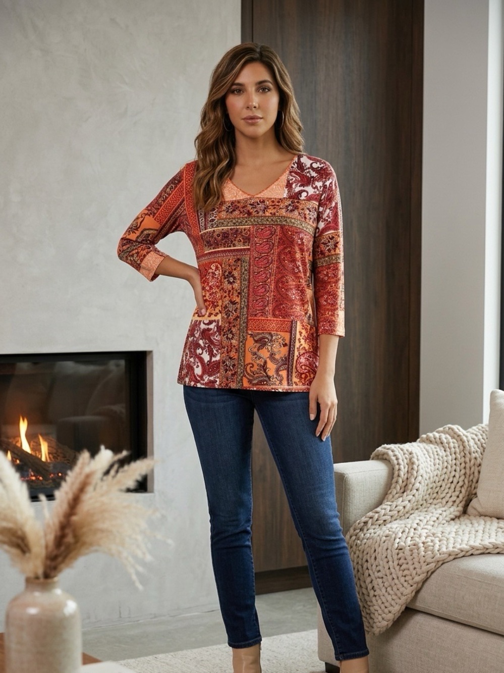 Chico's Women's Red and Orange Patchwork Blouse